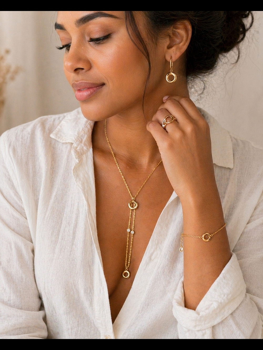 Dainty Gold Circle Lariat Necklace for Women